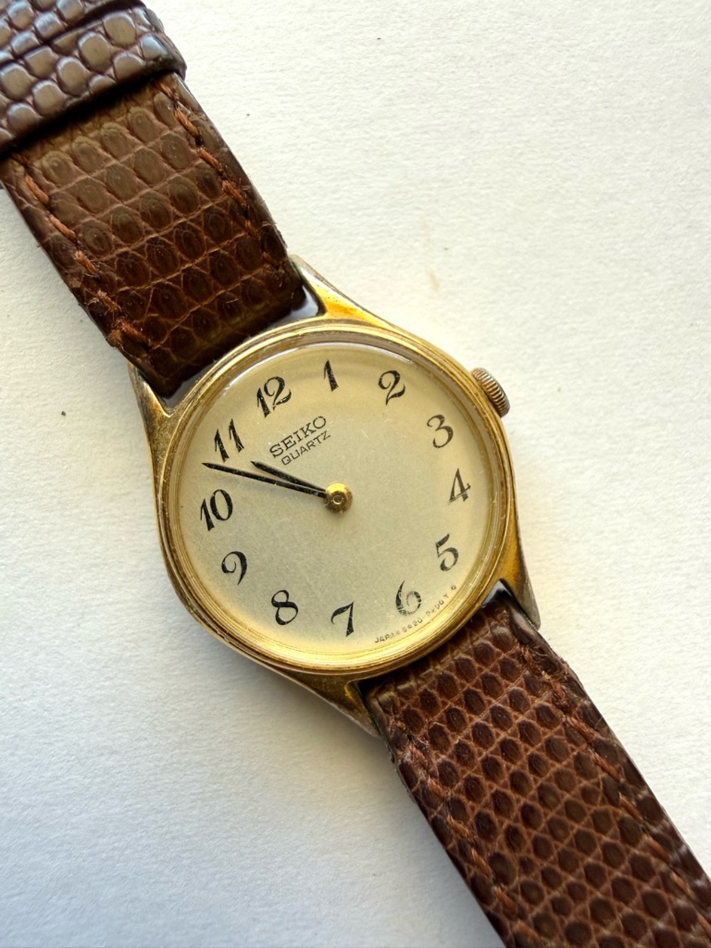 Vintage Seiko Gold Tone and Brown Leather Watch made in France
